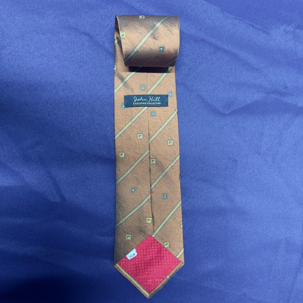 John Hill Executive Mens Silk Tie Brown Geometric Striped Pattern Business - Picture 2 of 4